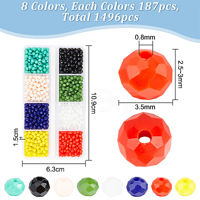 HOBBIESAY 1496Pcs 8 Colors Faceted Rondelle Glass Beads GLAA-HY0001-27-1
