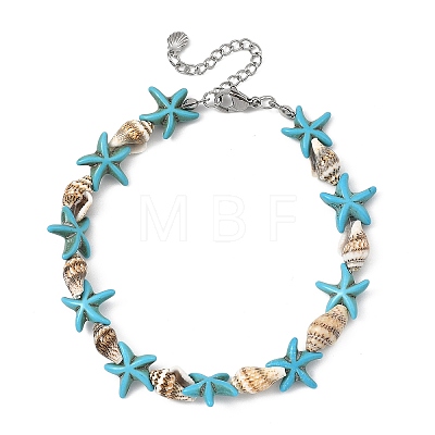 Ocean Natural Shell & Dyed Synthetic Turquoise Starfish Beaded Anklets for Women AJEW-AN00829-1