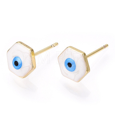 Enamel Hexagon with Evil Eye Stud Earrings EJEW-E274-03G-03-1