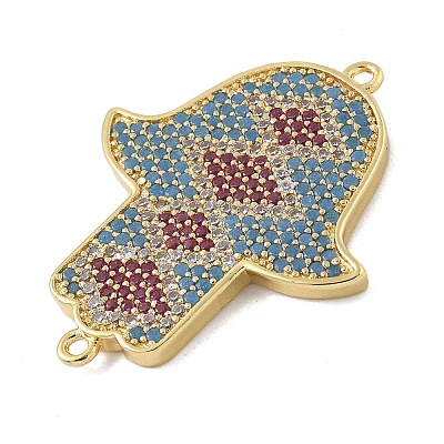 Rack Plating Brass Micro Pave Colorful Cubic Zirconia Religion Hamsa Hand Connector Charms KK-A234-048G-1