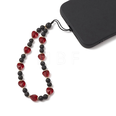 Round Natural Lava Rock & Heart Glass Beaded Mobile Straps HJEW-TA00027-1