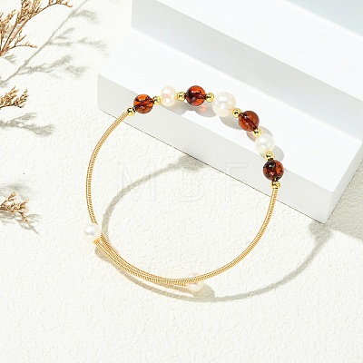 Copper French Wire & Round Natural Amber & Cultured Freshwater Pearl Cuff Bangle for Women BJEW-JB13990-1