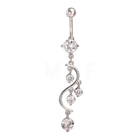 Piercing Jewelry Real Platinum Plated Brass Rhinestone S Shape Navel Ring Belly Rings AJEW-EE0001-54A-1
