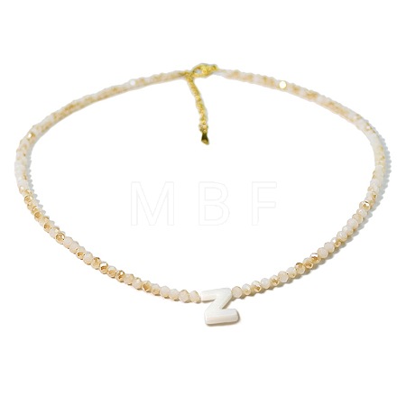 Natural White Shell Letter Faceted Glass Beaded Necklaces with 304 Stainless Steel End Chains SS7282-25-1