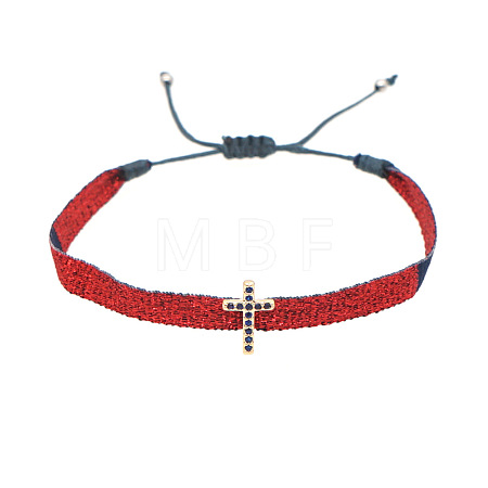Vintage Bohemian Cotton Cord Braided Bracelets with Brass Micro Pave Blue Cubic Zirconia Religion Cross Beads HL6263-20-1