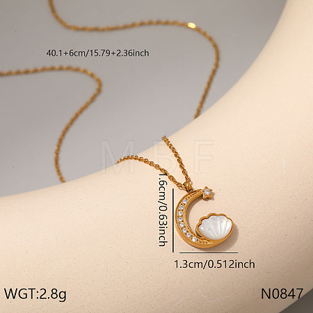 304 Stainless Steel Pave Clear Cubic Zirconia & Natural White Shell Pendant Necklaces for Women WG91666-04-1
