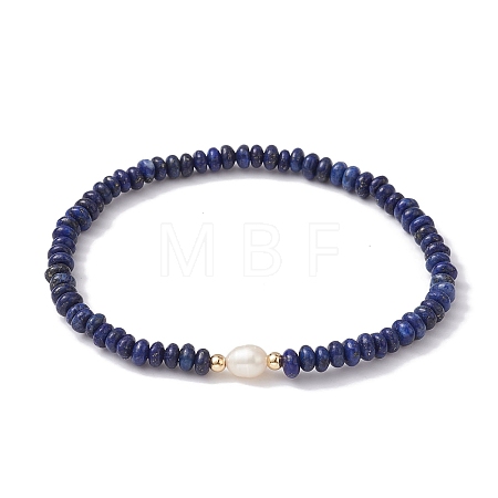 Natural Lapis Lazuli Rondelle & Pearl Beaded Stretch Bracelets BJEW-JB09918-07-1