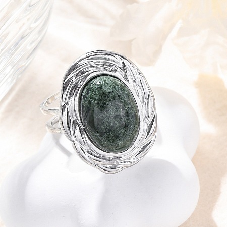 Oval Natural Moss Agate Finger Rings RJEW-M063-01P-08-1