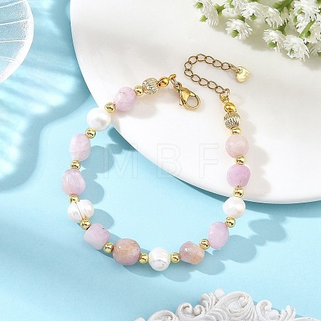 Natural Kunzite Nuggets and Potato Natural Cultured Freshwater Pearl Beaded Bracelets BJEW-JB14388-1