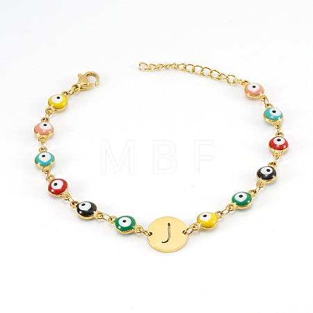 Colorful 304 Stainless Steel & Evil Eye Enamel Flat Round Link Bracelets FS-WGB13F5-10-1