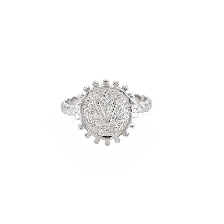 Non-Tarnish 304 Stainless Steel Flat Round with Initial Letter Open Cuff Ring for Men Women RJEW-S405-246P-V-1