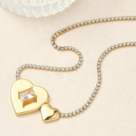 304 Stainless Steel Clear Glass Heart Pendant Rhinestone Tennis Necklaces for Women NJEW-A074-01G-1