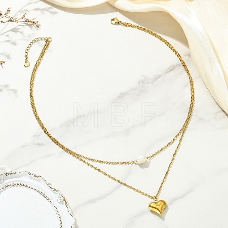 Natural Pearl Rice and 304 Stainless Steel Pendant Double Layer Necklaces for Women NJEW-JN06211-02-1