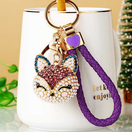 Full Rhinestone Pearl Fox Head Pendant Keychain WG98948-05-1