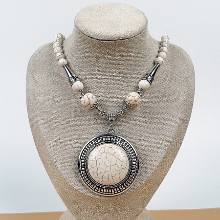 Vintage Alloy with Dyed Synthetic Turquoise Bohemian Flat Round Pendant Round Beaded Necklaces for Women DH5504-2-1