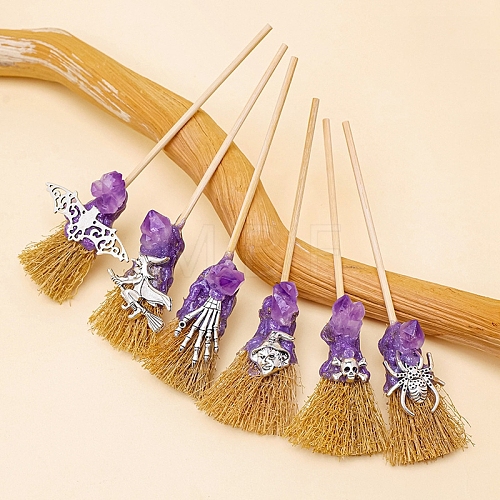 6Pcs Halloween Rough Raw Natural Amethyst Witch Altar Broom PW-WG01DCA-02-1