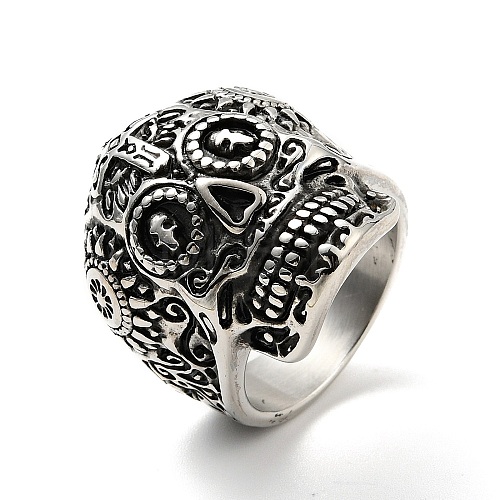 316 Stainless Steel Skull with Cross Finger Ring RJEW-C030-02D-AS-1