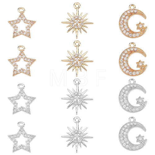 12Pcs 6 Style Rack Plating Brass Micro Pave Cubic Zirconia Charms ZIRC-FH0001-18-1