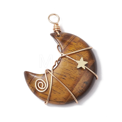 Natural Tiger Eye Copper Wire Wrapped Pendants PALLOY-JF02685-01-1