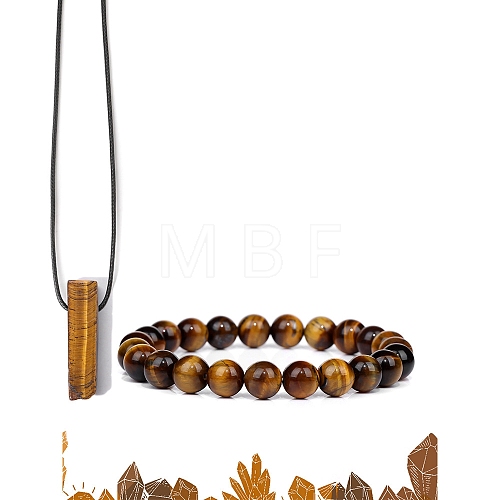 Natural Tiger Eye Beads Stretch Bracelets & Pendant Necklaces Sets for Men PW-WGF85DB-04-1