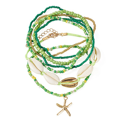 2 Bags Summer Beach Glass Seed Beaded & Natural Shell & Alloy Starfish Charm Anklet Sets AJEW-TA0003-69E-1