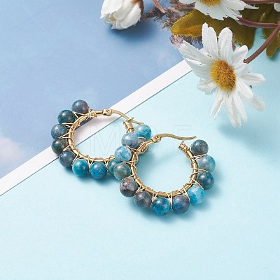 Round Natural Apatite Wire Wrapped Big Hoop Earrings for Women EJEW-TA00048-04-1