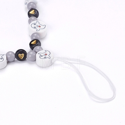 Polymer Clay Ghost Beaded Mobile Straps for Halloween HJEW-JM00430-1