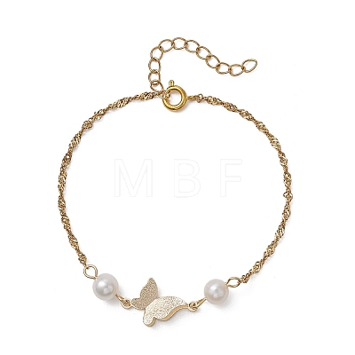 Brass Charms and Natural Cultured Freshwater Pearl Link Bracelets BJEW-JB13126-1