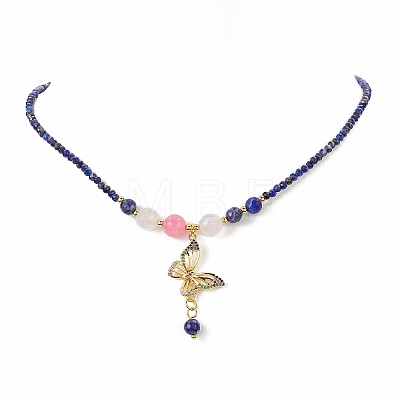 Colorful Cubic Zirconia Butterfly Pendant Necklace with Natural Mixed Gemstone Beaded Chains for Women NJEW-JN04169-1