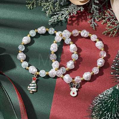 2Pcs 2 Styles Christmas Tree & Deer Alloy Enamel Charm Bracelet Sets BJEW-JB10871-1