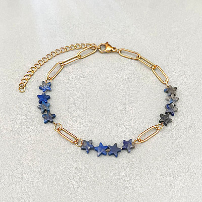 Natural Sodalite Star Beaded Bracelets with 304 Stainless Steel Paperclip Chains WGC91F5-02-1