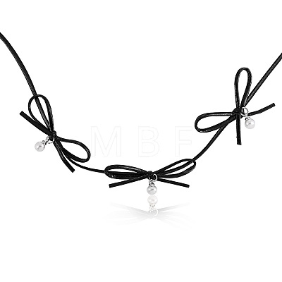 Imitation Leather Bowknot Choker Necklaces with Imitation Pearl WG3BEDF-02-1