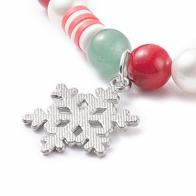 Natural Green Aventurine & Mashan Jade & Shell Pearl Stretch Bracelet with Christmas Snowflake Alloy Charm BJEW-TA00089-1
