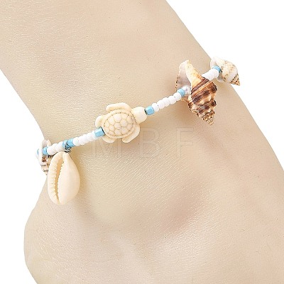 Ocean Natural Mixed Shell & Synthetic Turquoise Turtle & Glass Seed Beaded Anklets for Women AJEW-AN00860-1