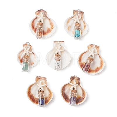 7Pcs 7 Styles Natural Scallop Shell & Dyed Synthetic Turquoise Starfish Pendants PALLOY-JF03564-02-1