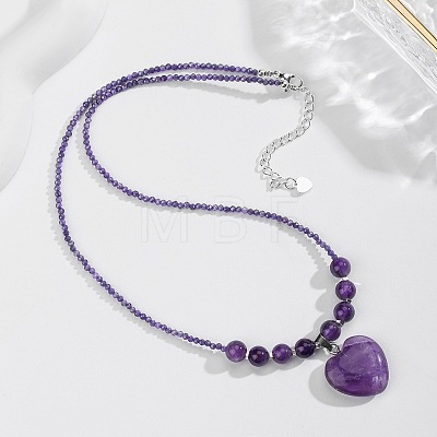 Bohemian Natural Amethyst Heart Pendant Round Beaded Necklaces for Women MR6044-4-1