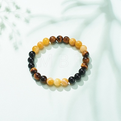 Natural Agate & Tiger Eye & Black Onyx Round Beaded Stretch Bracelet BJEW-JB08400-05-1