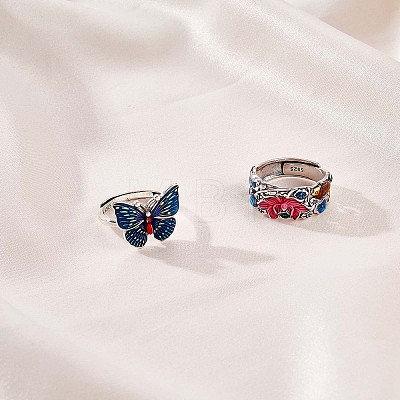 Rhodium Plated 925 Sterling Silver Butterfly Adjustable Ring with Enamel JR929A-1