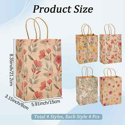 16Pcs 4 Styles Flower Print Paper Bags with Handles ABAG-BBC0001-30-1