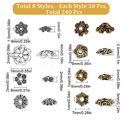 SUNNYCLUE 240Pcs 8 Styles Tibetan Style Bead Caps TIBEB-SC0001-23-1