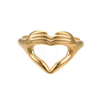 Ion Plating(IP) Rack Plating 304 Stainless Steel Heart Gesture Open Cuff Ring for Women RJEW-S405-260G-1
