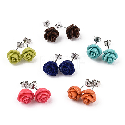 Synthetical Coral Flower Ear Studs EJEW-R102-01-1