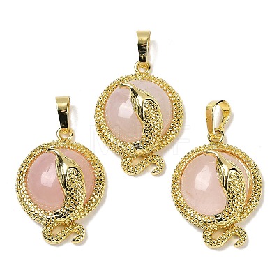 Natural Rose Quartz Flat Round Shaped Brass Pendants KK-F887-03G-29-1