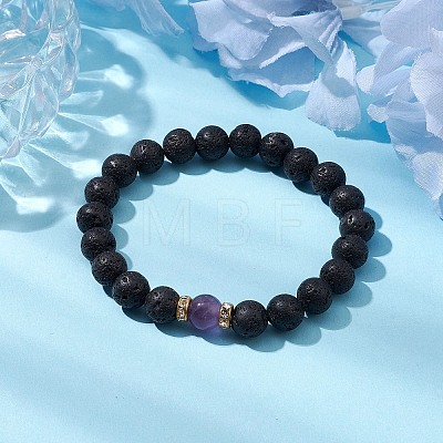 Natural Amethyst & Lava Rock Round Beaded Stretch Bracelets for Women BJEW-JB10797-01-1