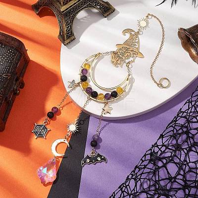 Halloween Natural Amethyst & Lava Rock & Synthetic Citrine Beads & Metal Witch & Moon Hanging Ornaments HJEW-TA00251-1