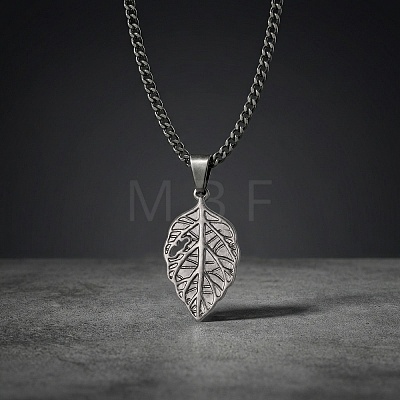 Vintage 304 Stainless Steel Embossed Leaf Pendant Necklaces for Men WGF3091-01-1