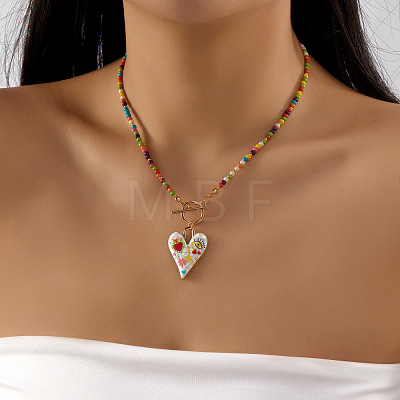 Bohemian Zinc Alloy Enamel Heart Pendant Glass Seed Beaded Nacklaces with OT Clasps for Women WGD622F-01-1