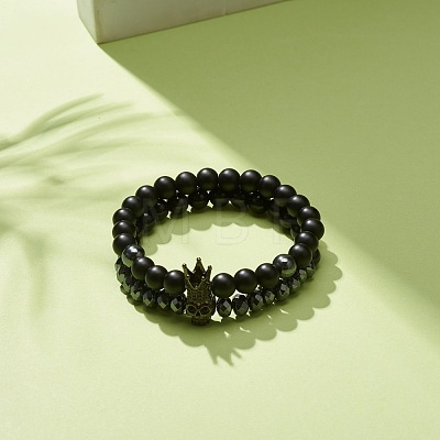 2Pcs 2 Style Synthetic Hematite & Black Stone & Natural Obsidian Stretch Bracelets Set with Cubic Zirconia Skull BJEW-JB08120-1