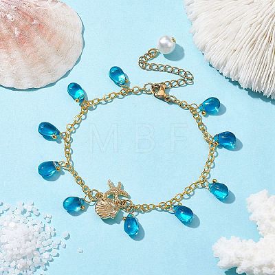 Alloy Starfish Scallop Shell Shape with Glass Teardrop Charm Bracelets BJEW-JB09983-01-1