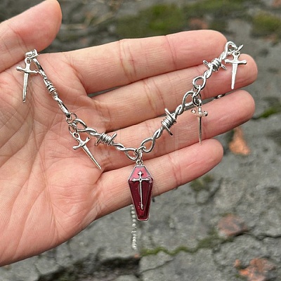 Halloween Alloy Spiked Thorns Link Dark Red Coffin Shaped Pendant Necklaces for Women NJEW-K294-01P-1